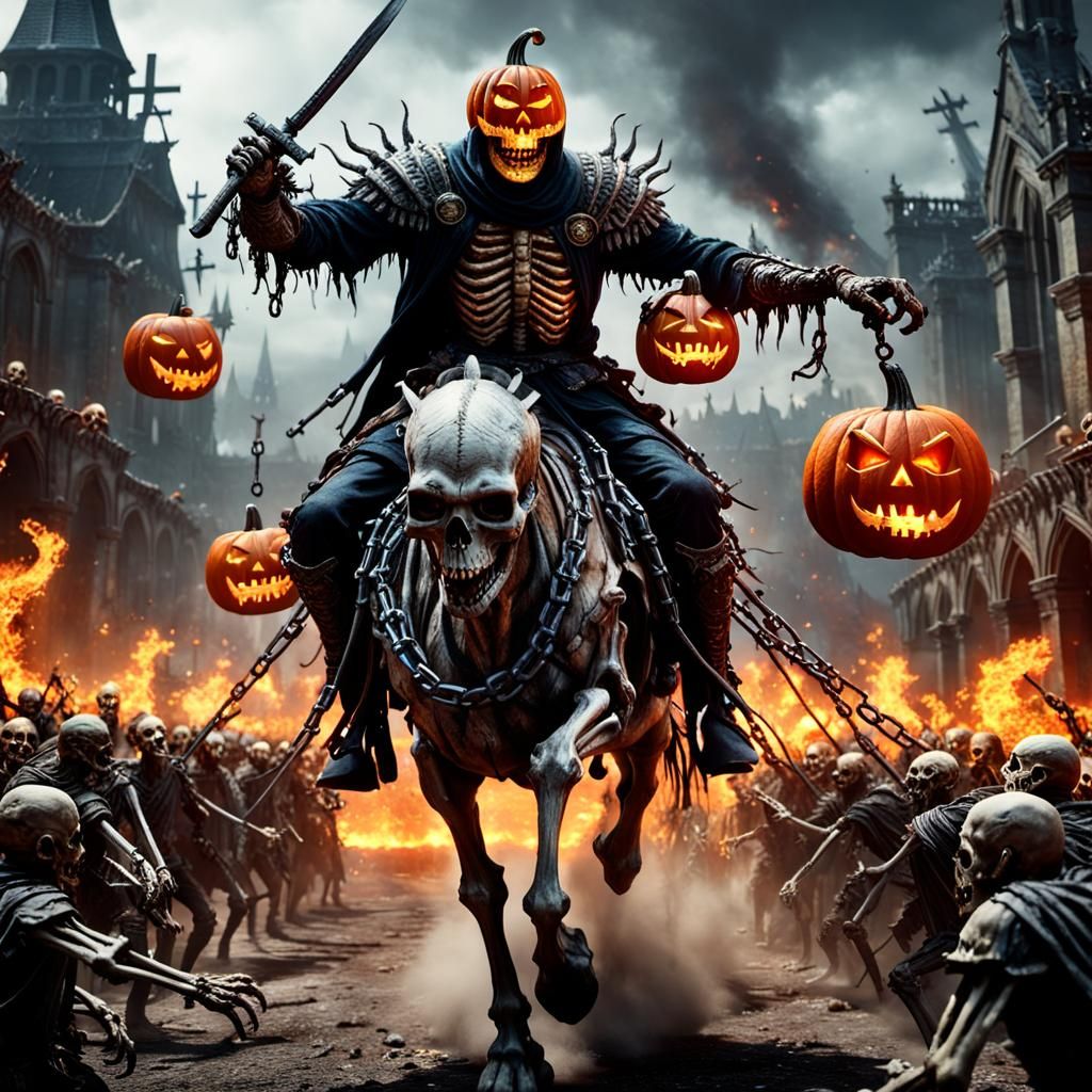 Fiery Pumpkin King Leads Zombie Army in Dark Fantasy Art