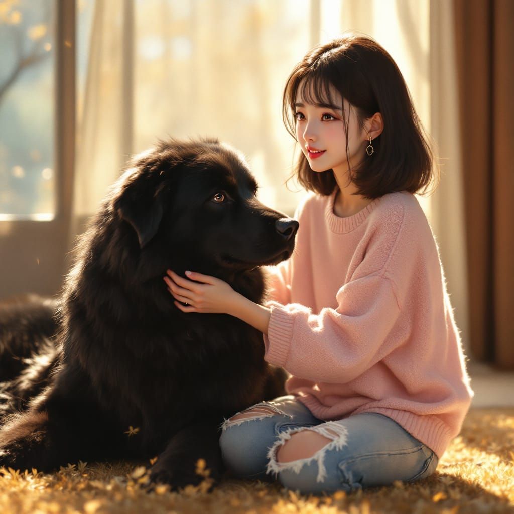 Girl with Dog in Anime Style