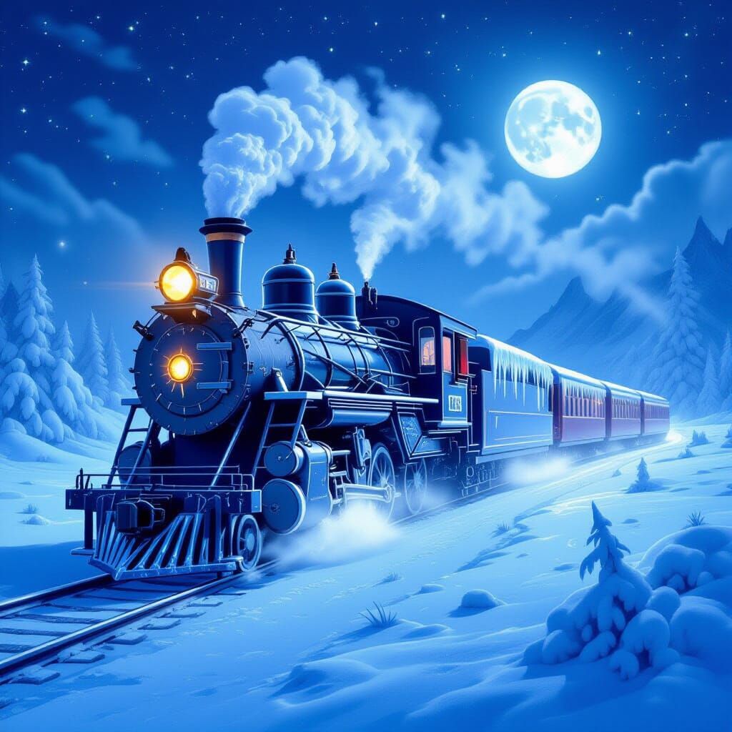 Magical Ice Train in Moonlit Winter Tundra
