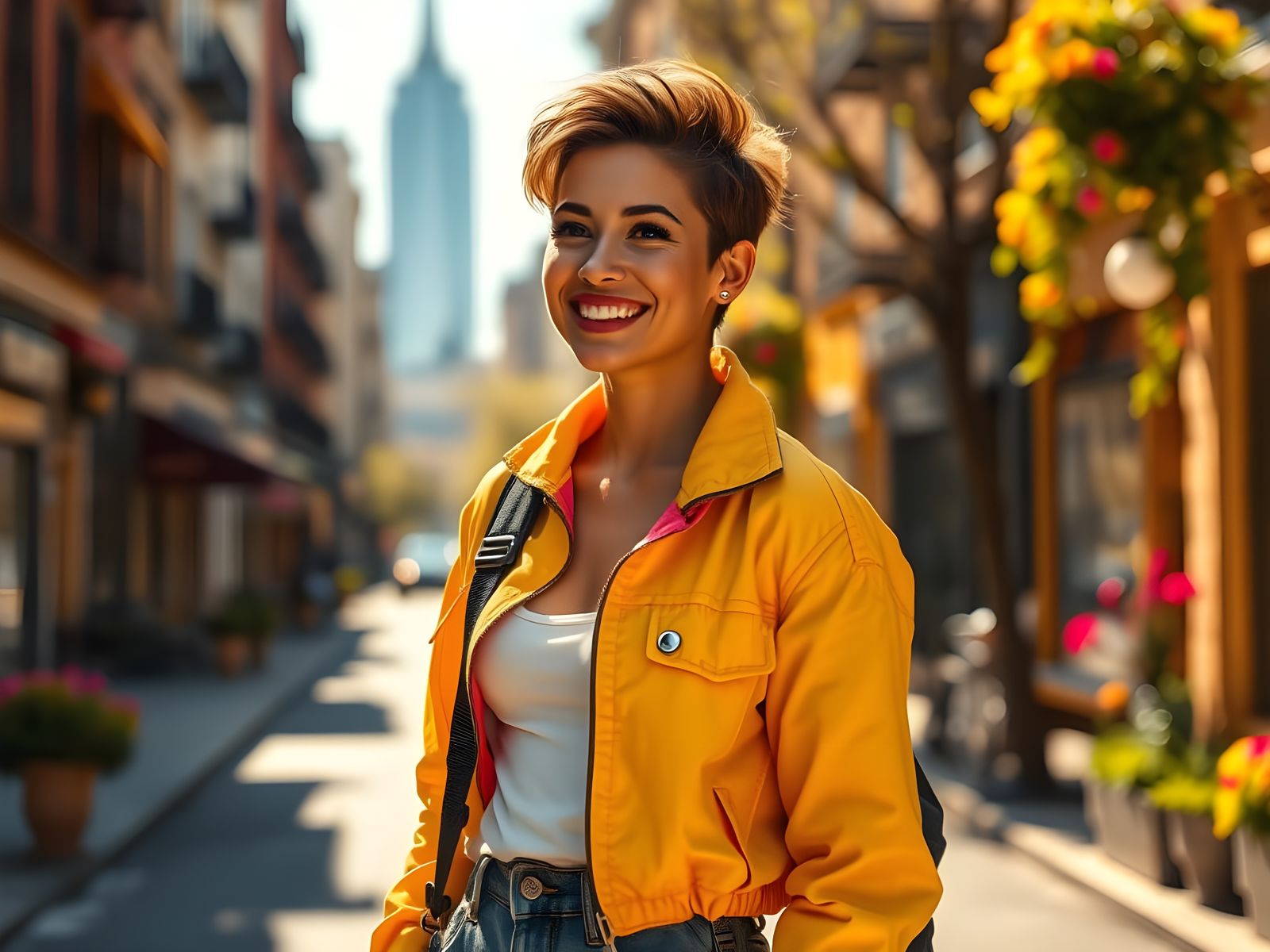 Woman Strolling on a Sunny Spring Street in a Bright Outfit