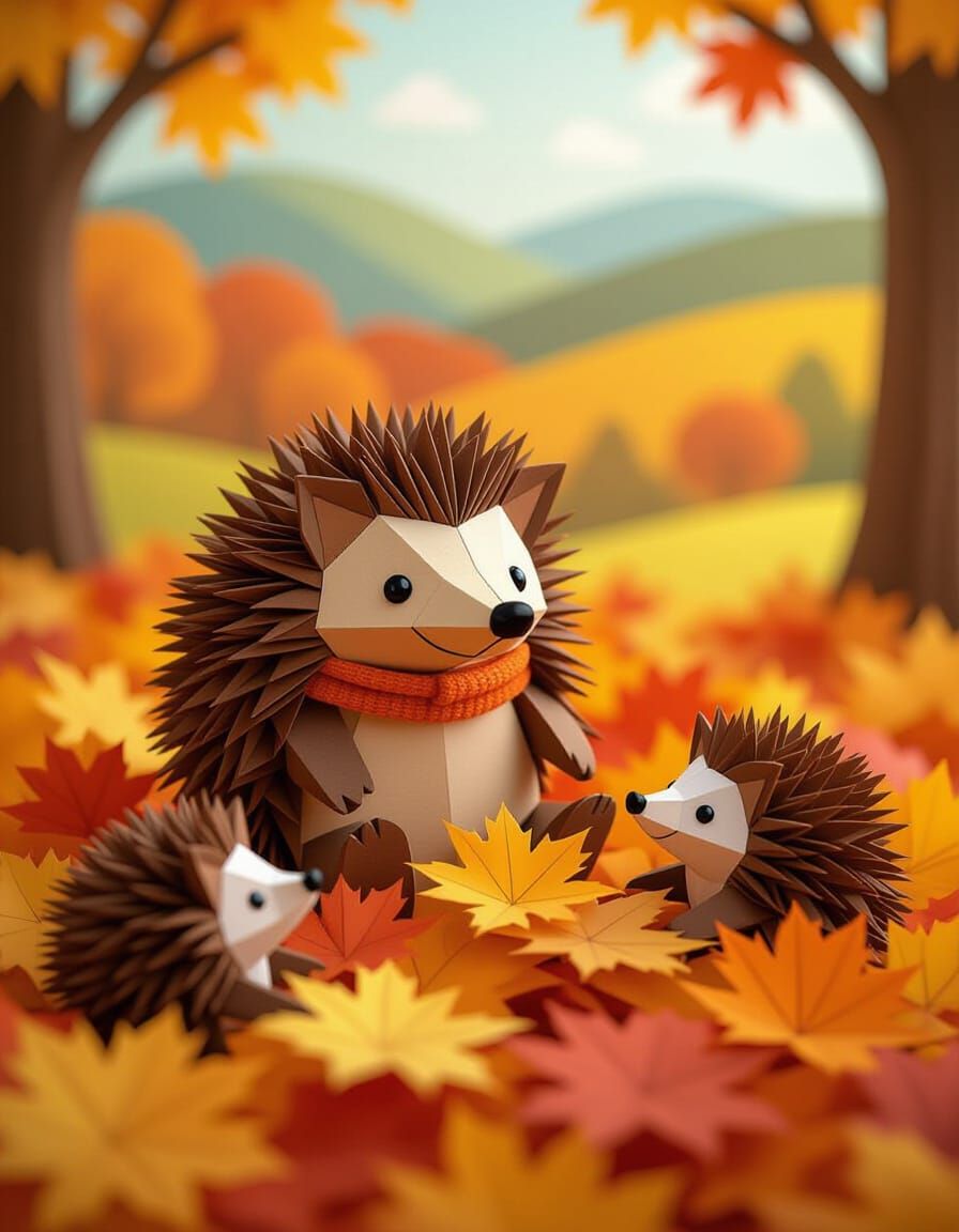 Origami Hedgehogs Playing in Autumn Leaves