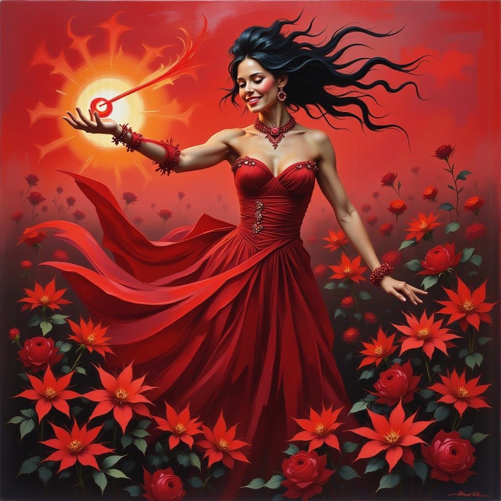 Enchantress in Scarlet Gown Casting Red Magic