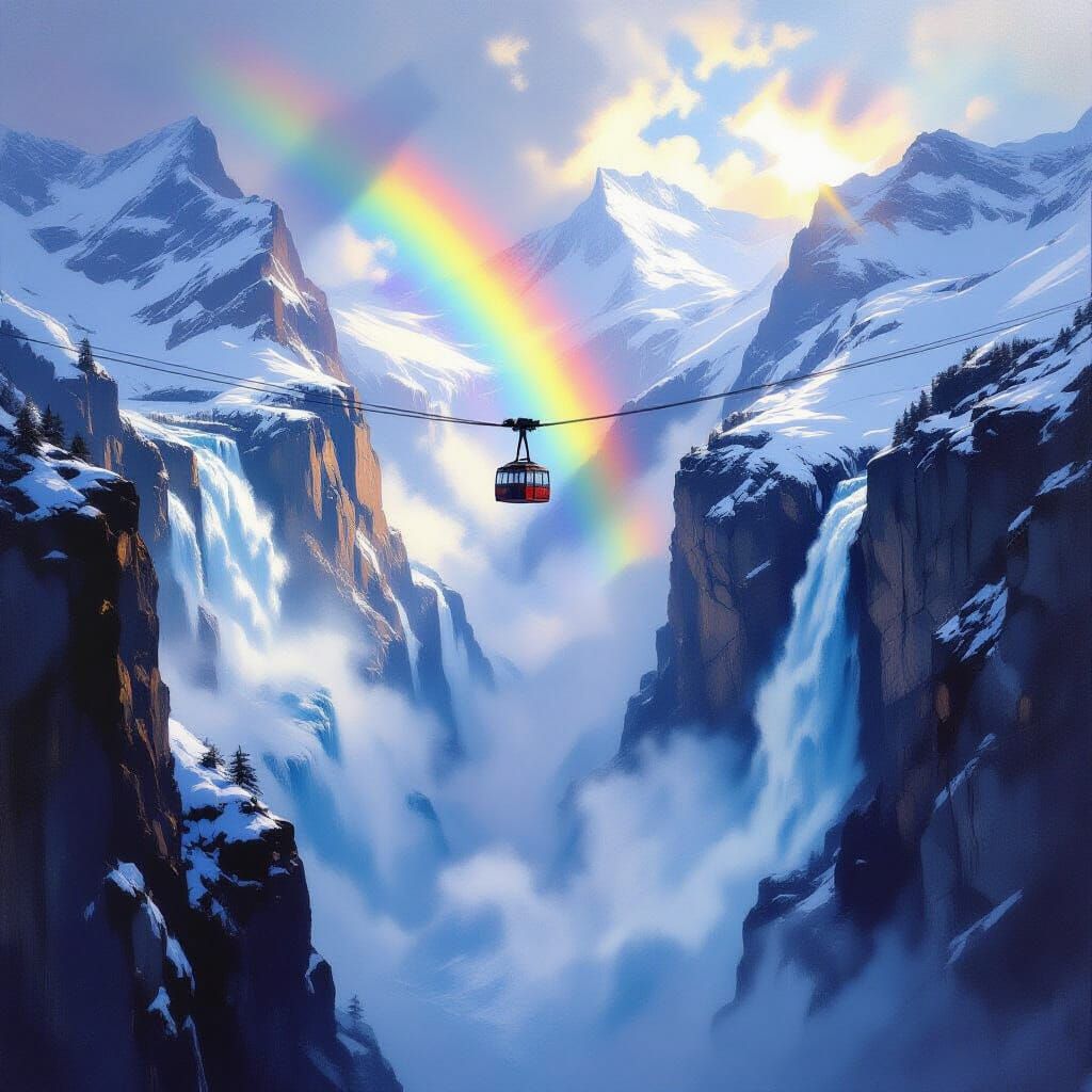 Epic Swiss Alps Waterfall Vista in Oil Painting Style