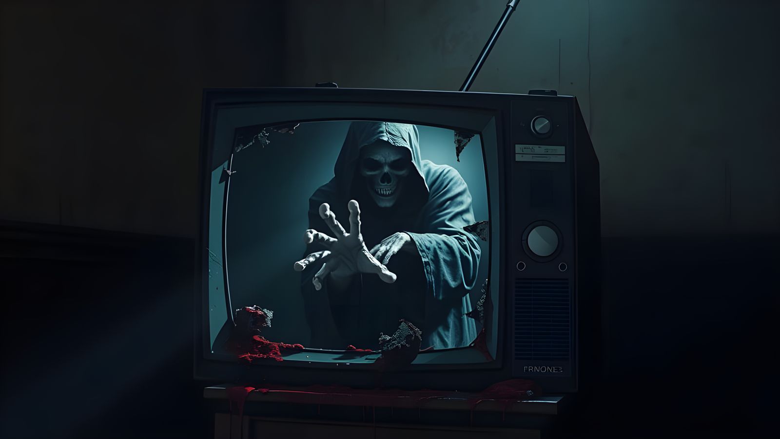 Creepy Grim Reaper Emerges from Blood-Soaked TV