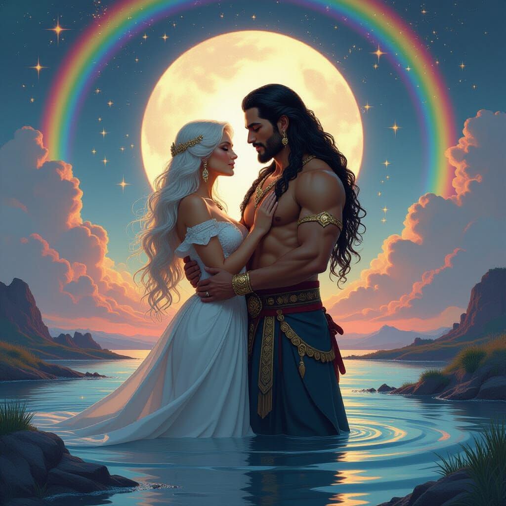 Moon Goddess and Sun God Embrace in Cosmic River