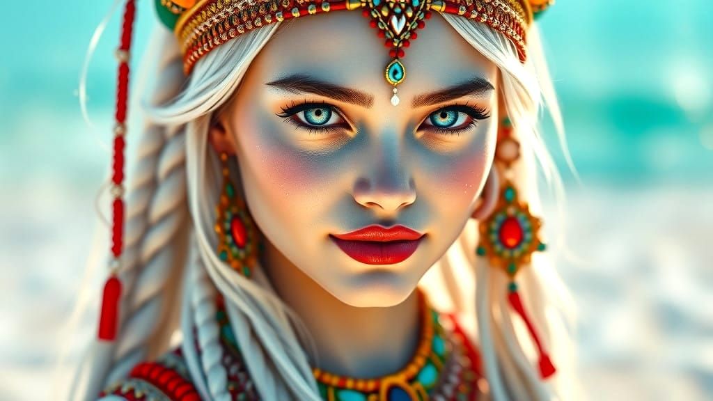 Ancient Native Goddess Radiates Joy in Vibrant Tropical Para...