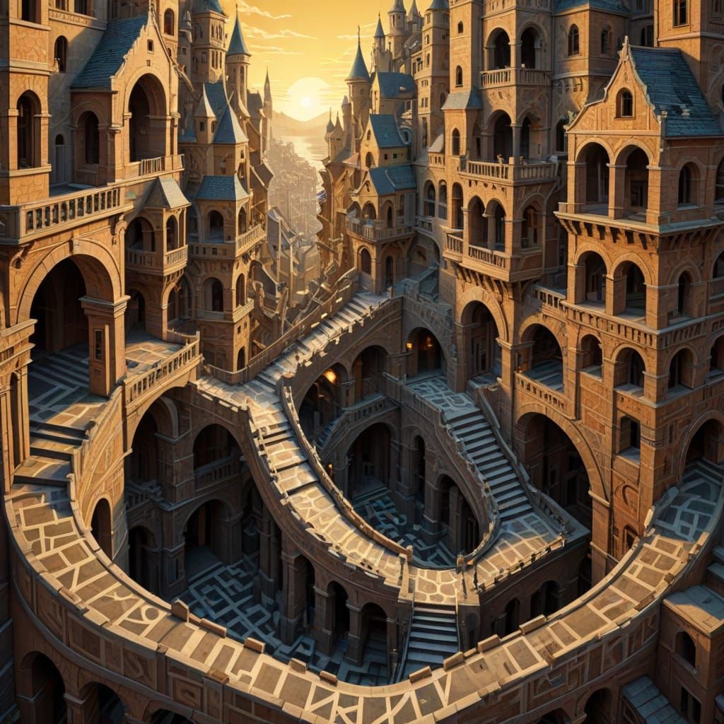 Surreal Cityscape with Impossible Geometry in Escher Style