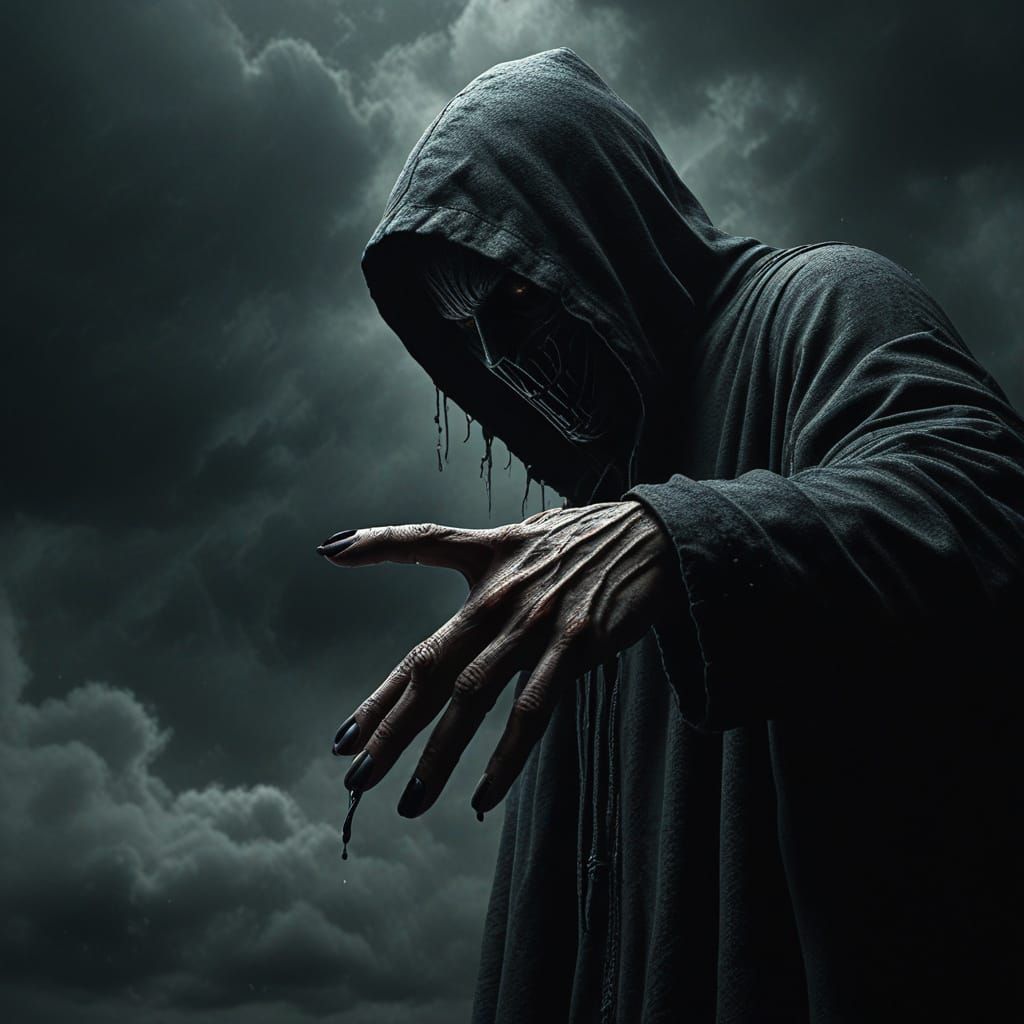 Shadowy Figure Reaches for Earth in Surreal Oil Painting