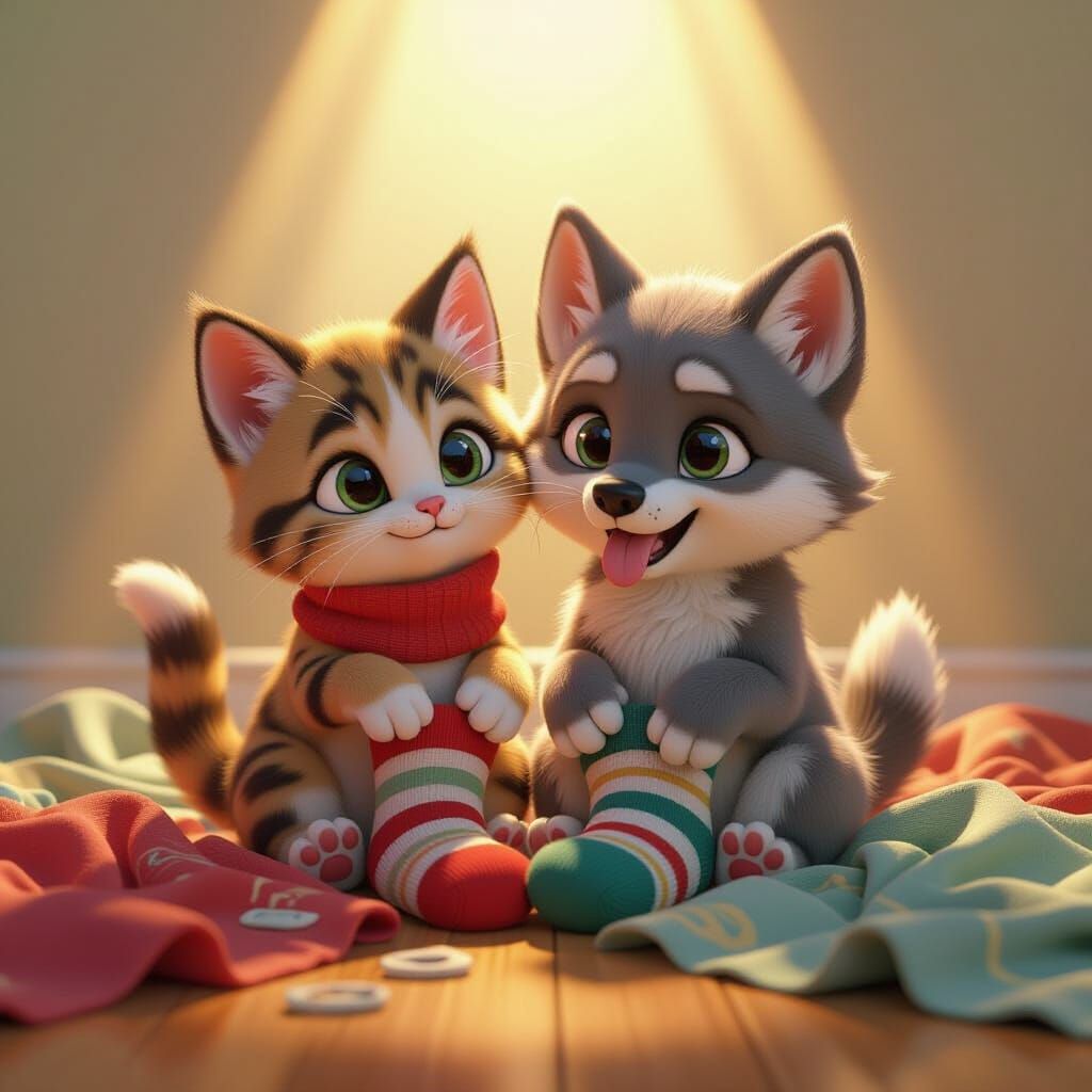 Kitten and Wolf Pup's Laundry Mishap: 3D Animation