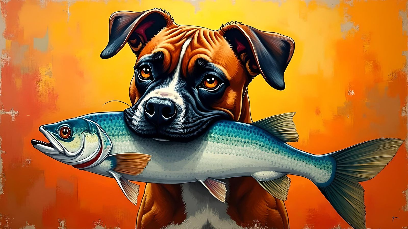 Boxer Dog with Fish: Expressionist Oil Painting