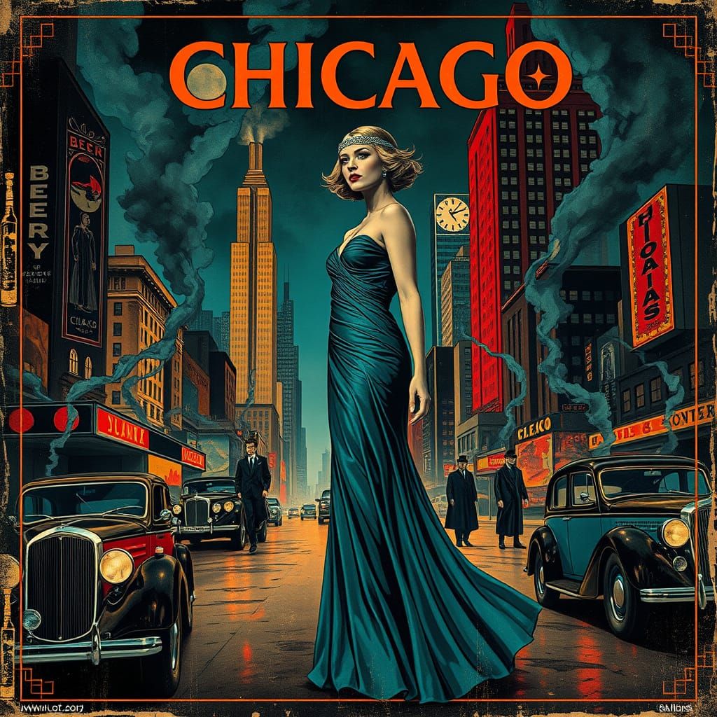 Flapper in Surreal Noir 1920s Chicago Cityscape