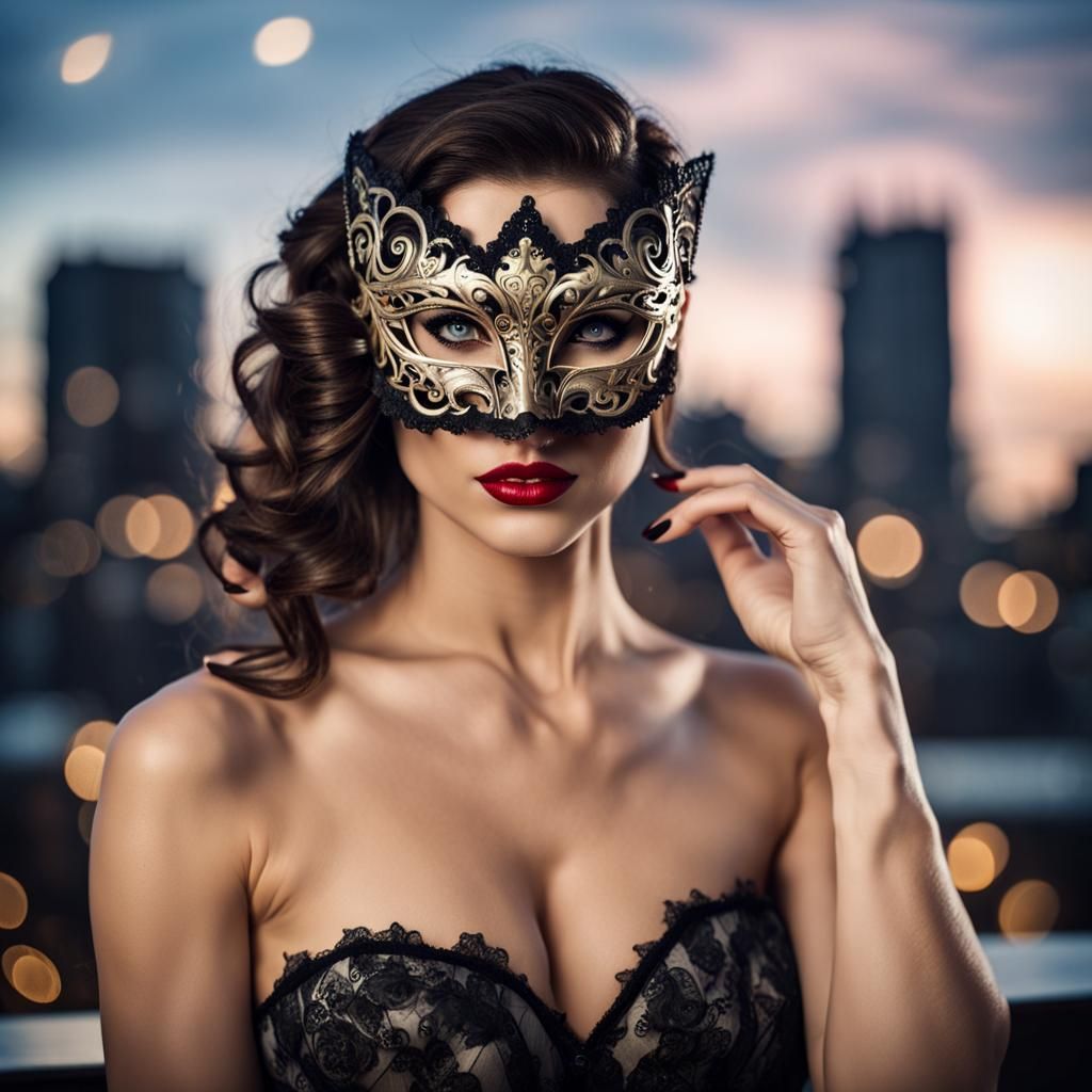 sensual alluring brunette woman in masquerade mask and strapless dress at a rooftop masked ball