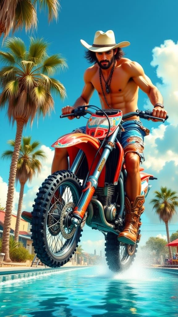 Dynamic Cowboy Leaps Dirt Bike Over Sparkling Swimming Pool