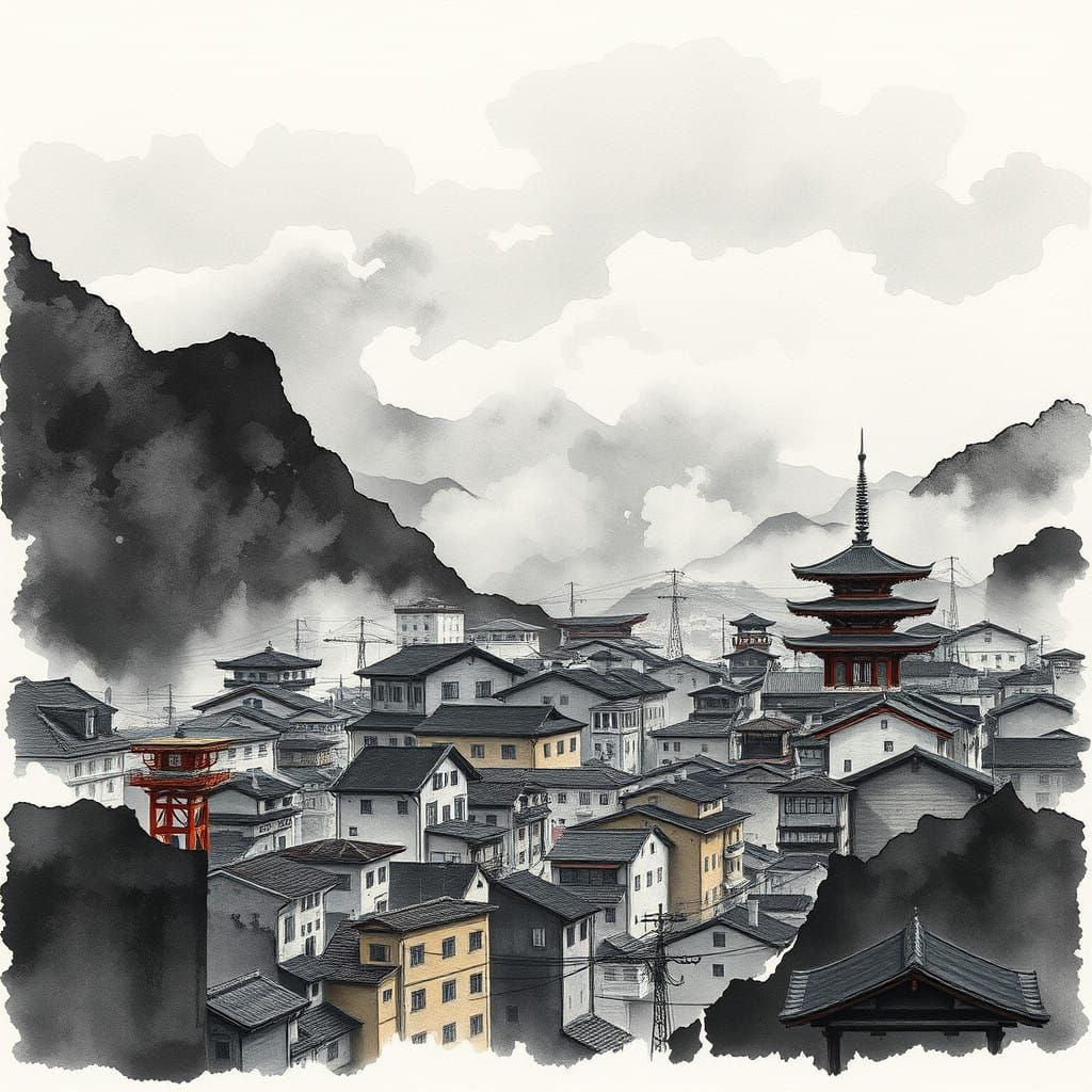 Surreal Japanese Metropolis in Moody, Monochromatic Hues