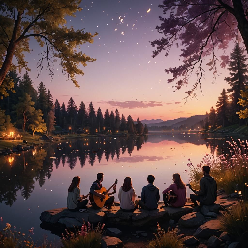 Tranquil Lakeside Gathering at Sunset in 8k