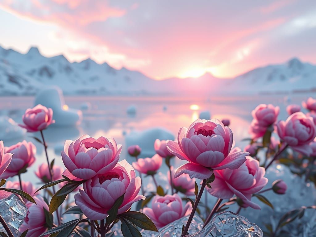 Crystal Peony Garden on Frozen Lake at Sunrise