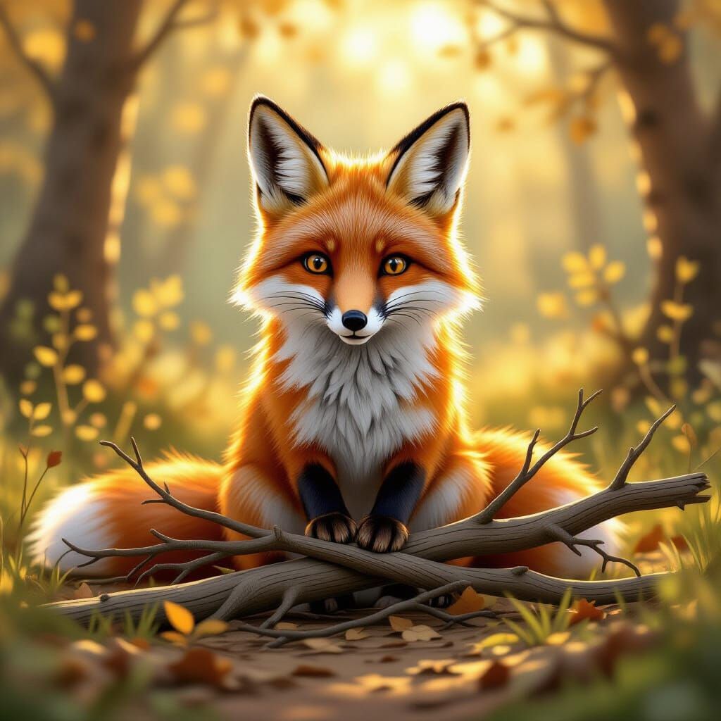 Clever Fox Arranges Forest Debris in Golden Light
