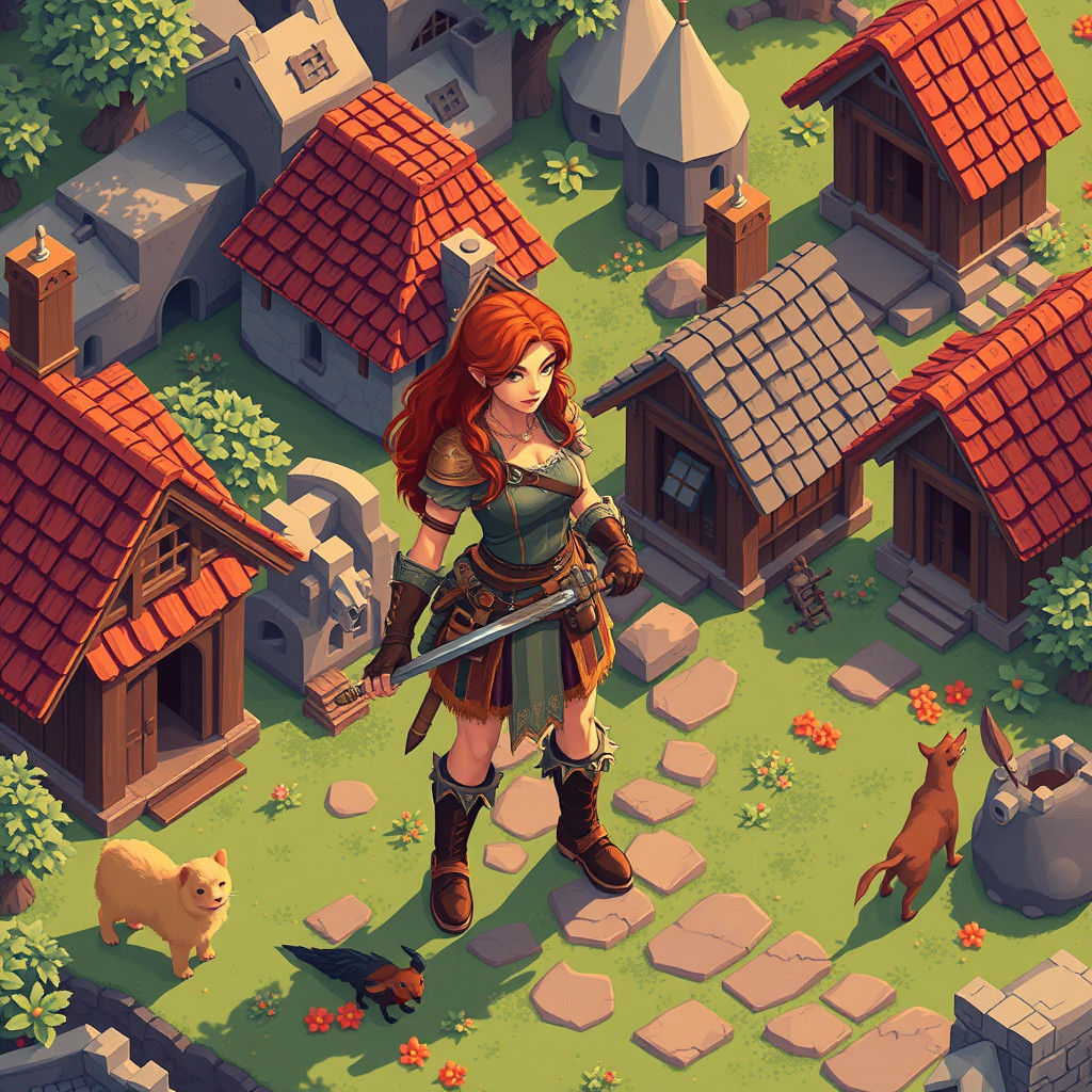Warrior Woman in Pixel Art Village