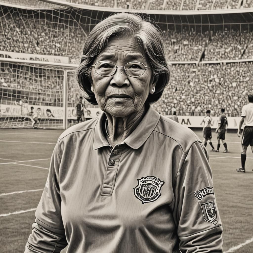 Indonesian Grandmother Goalkeeper in Pencil Drawing