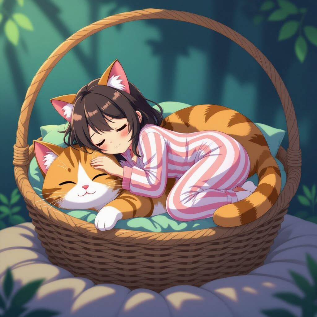 Anime Girl with Cat Ears Sleeps on Giant Cat