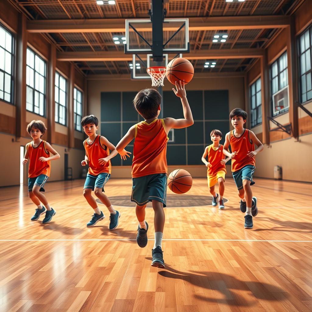 Energetic Young Basketball Team Training in Gym