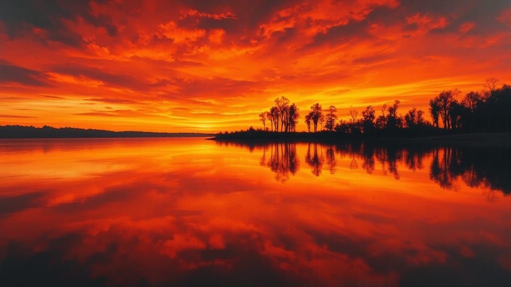 Fiery Sunset Lake Reflection as Abstract Expressionism