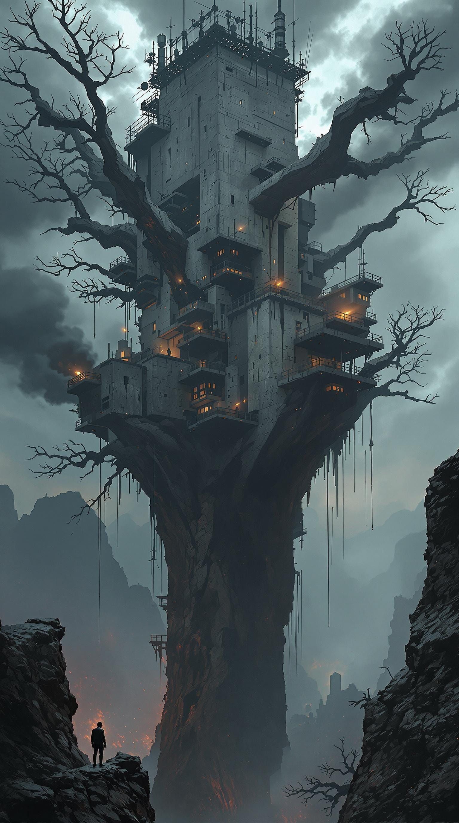 Brutalist Sky-Tree Citadel in Dark, Blood-Mist Landscape