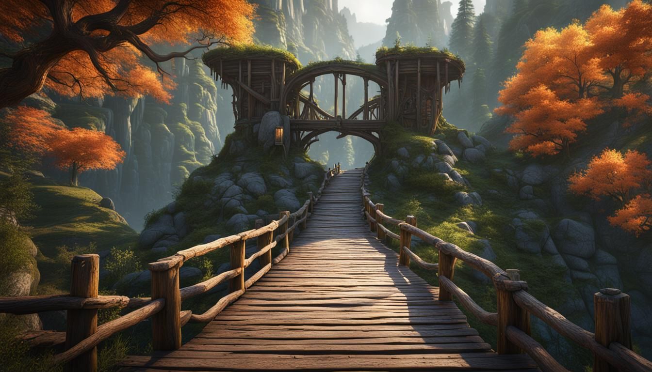 Rustic Bridge Over Pine Gorge: Fantasy Concept Art