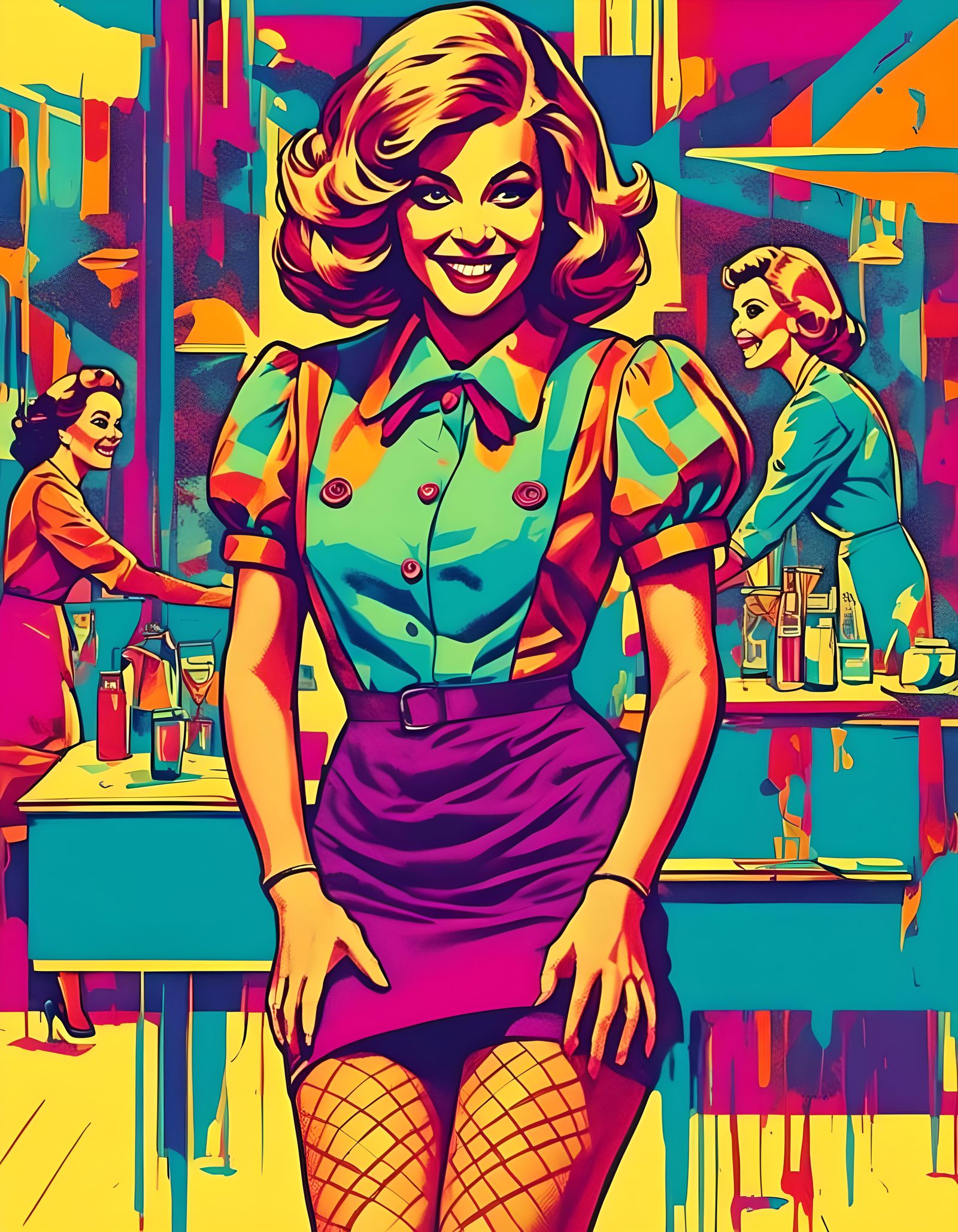 1980s New Wave Waitress in Pop Art Style
