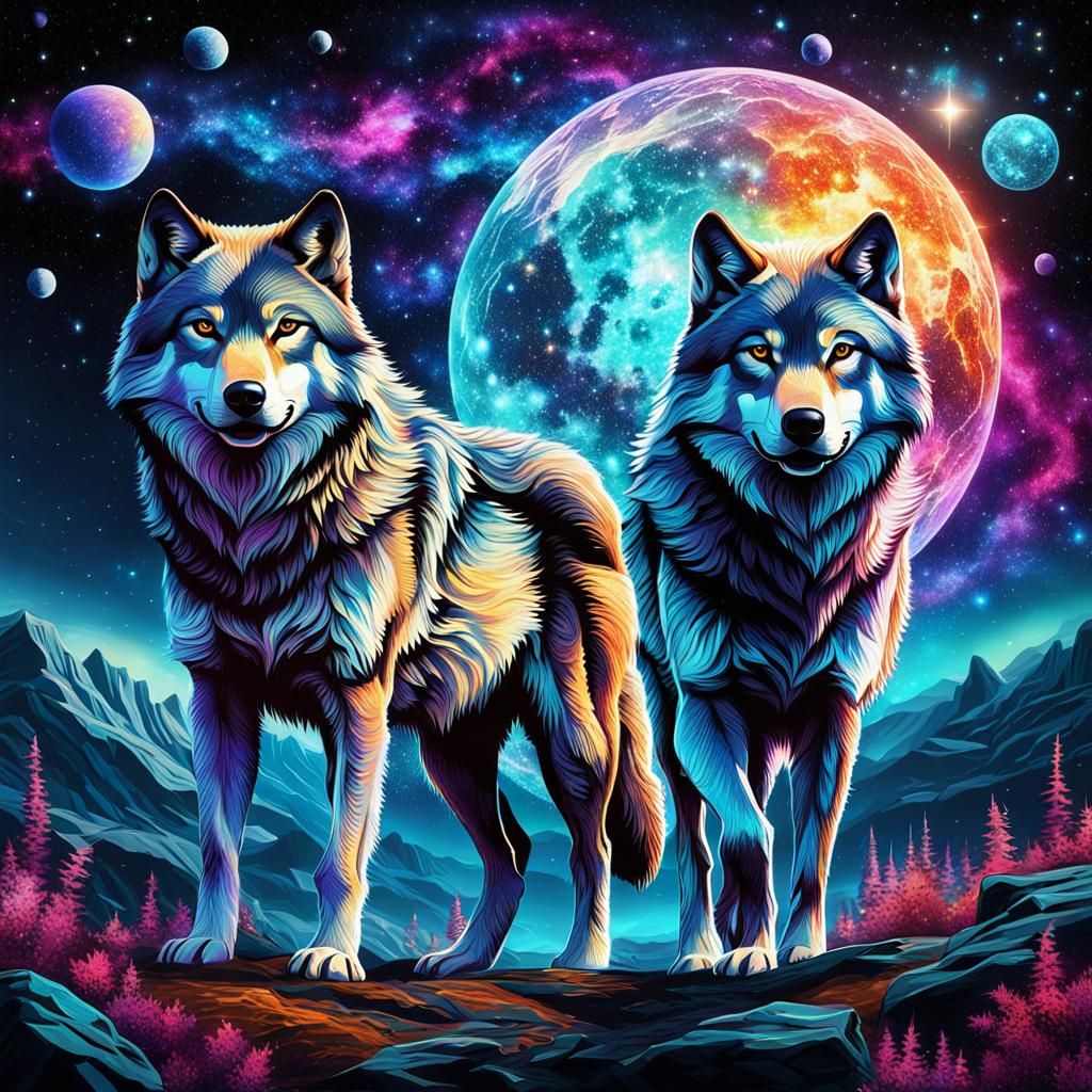Cosmic Wolves Roaming the Galaxy: Holographic Illustration