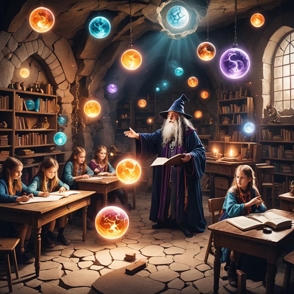 Magical Cave Classroom with Wizard and Students