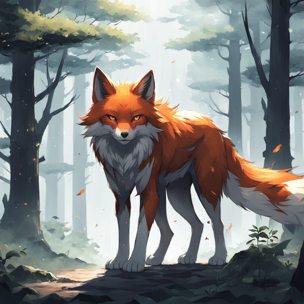 Anime Kitsune in Misty Forest Concept Art