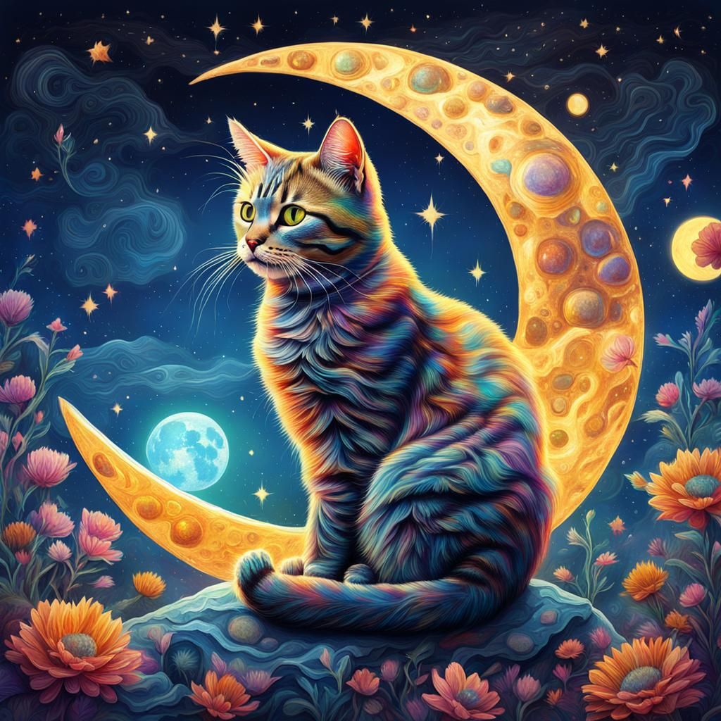 Astral Cat in the Moon: Holographic Illustration