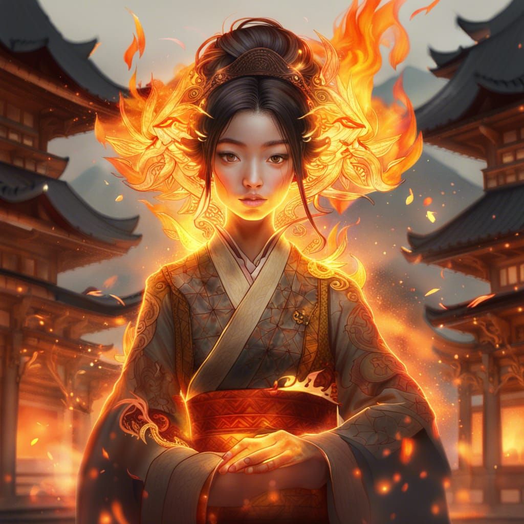 Fire Mage Double Exposure Portrait with Burning Village