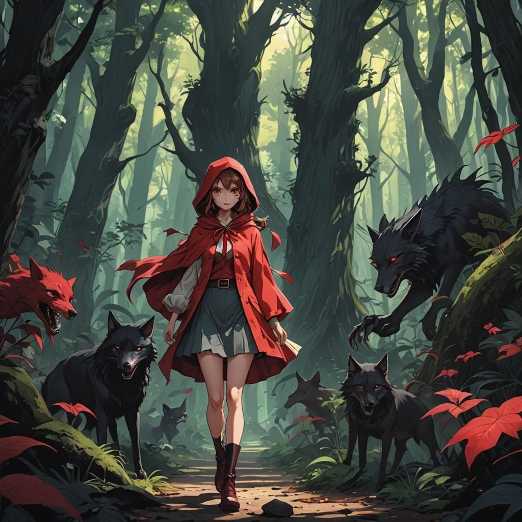 Little Red Riding Hood in Shadowy Anime Forest