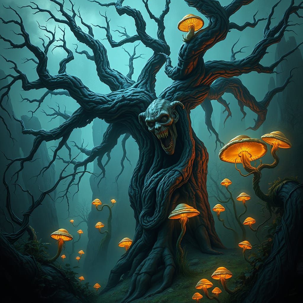 Grotesque Tree Reaching Skyward in Forgotten Garden