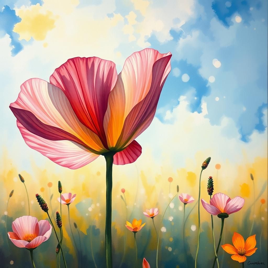 Windflower Unfolding in Meadow, Gouache Impressionist Style