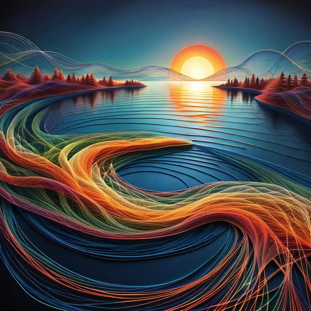 String Artwork of Sunset Over Finnish Lake