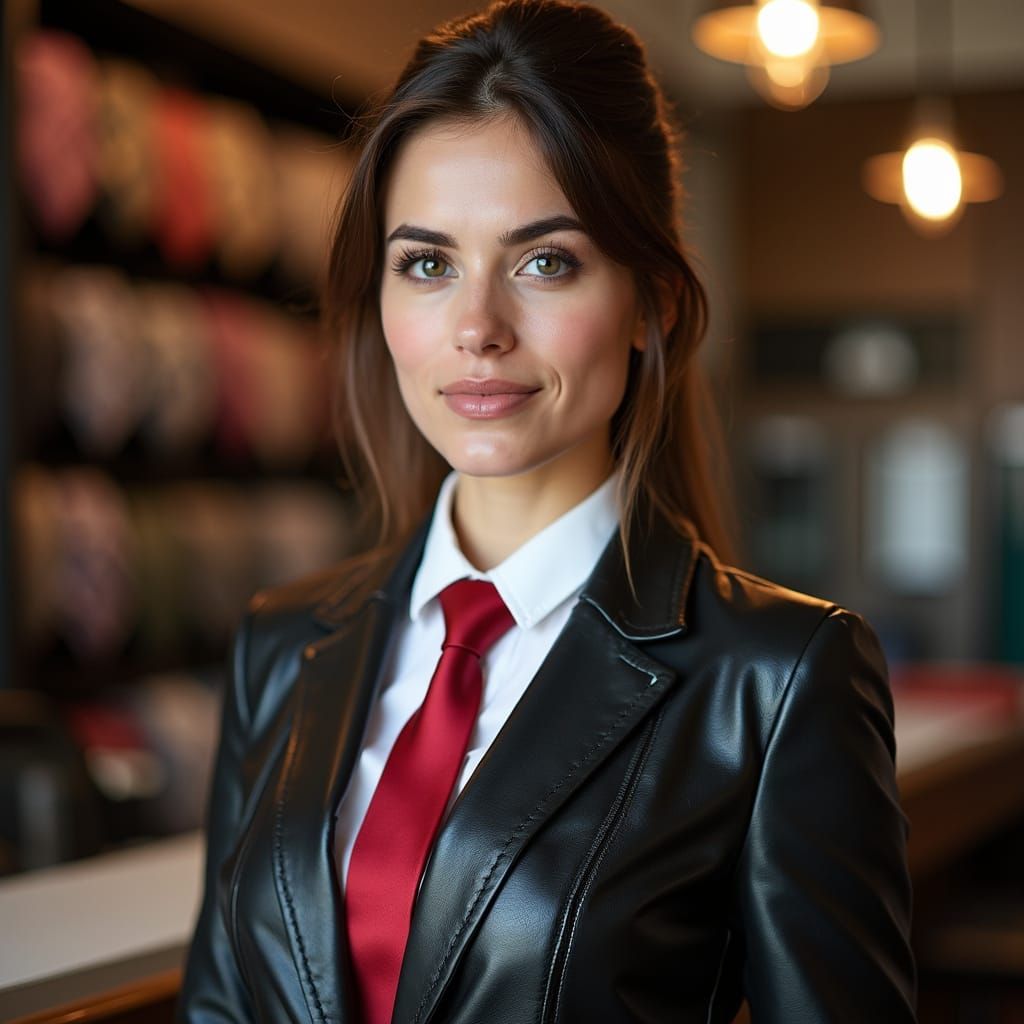 Confident Greek Businesswoman in Leather Uniform