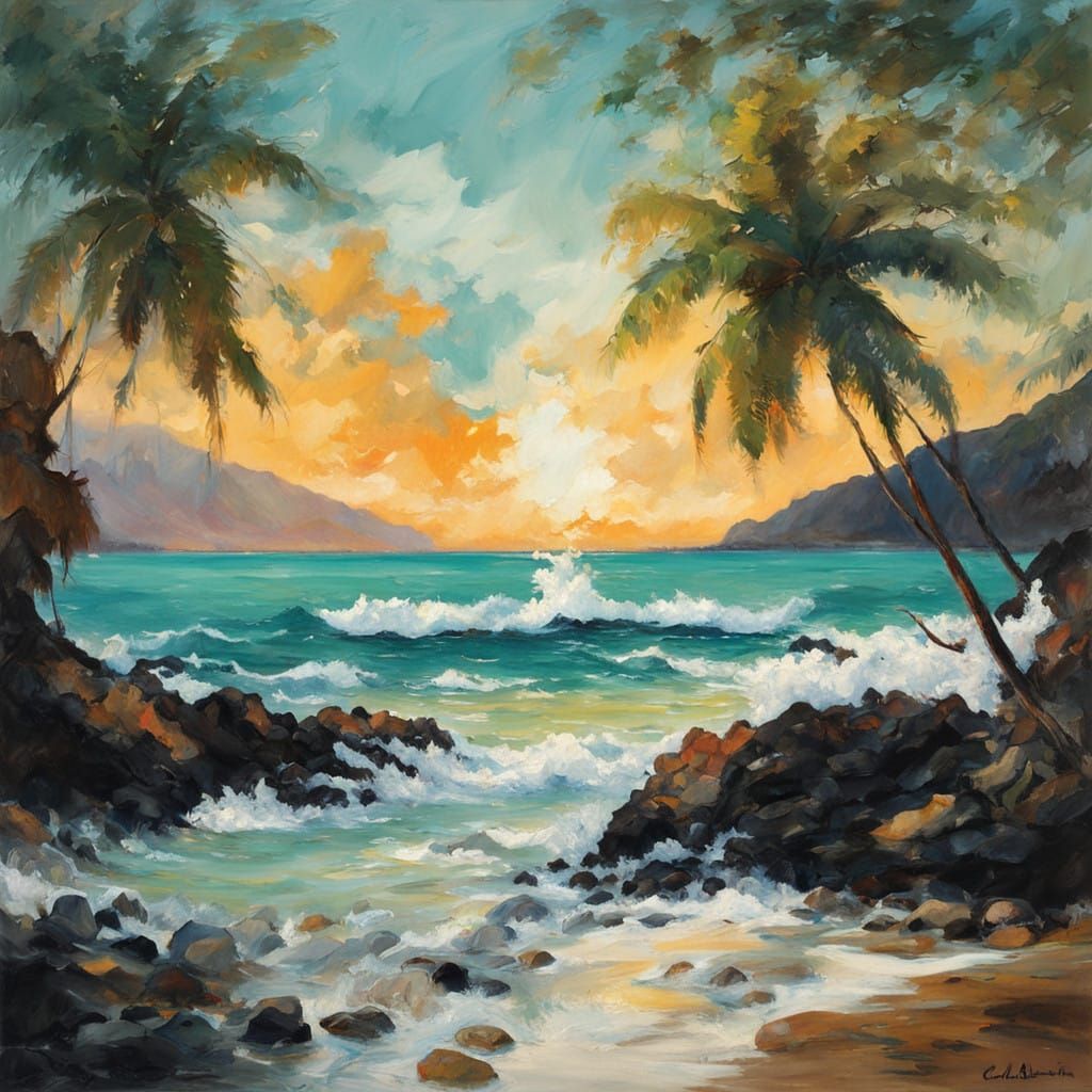 Dreamy Tropical Beach Scene in the Style of Impressionist Ma...