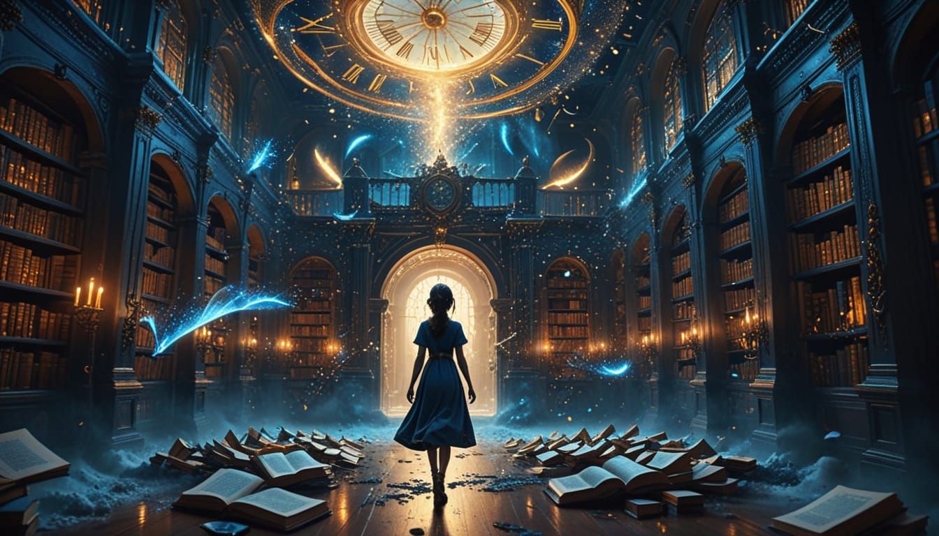 Dreamlike Library Between Seconds in Ethereal Glow