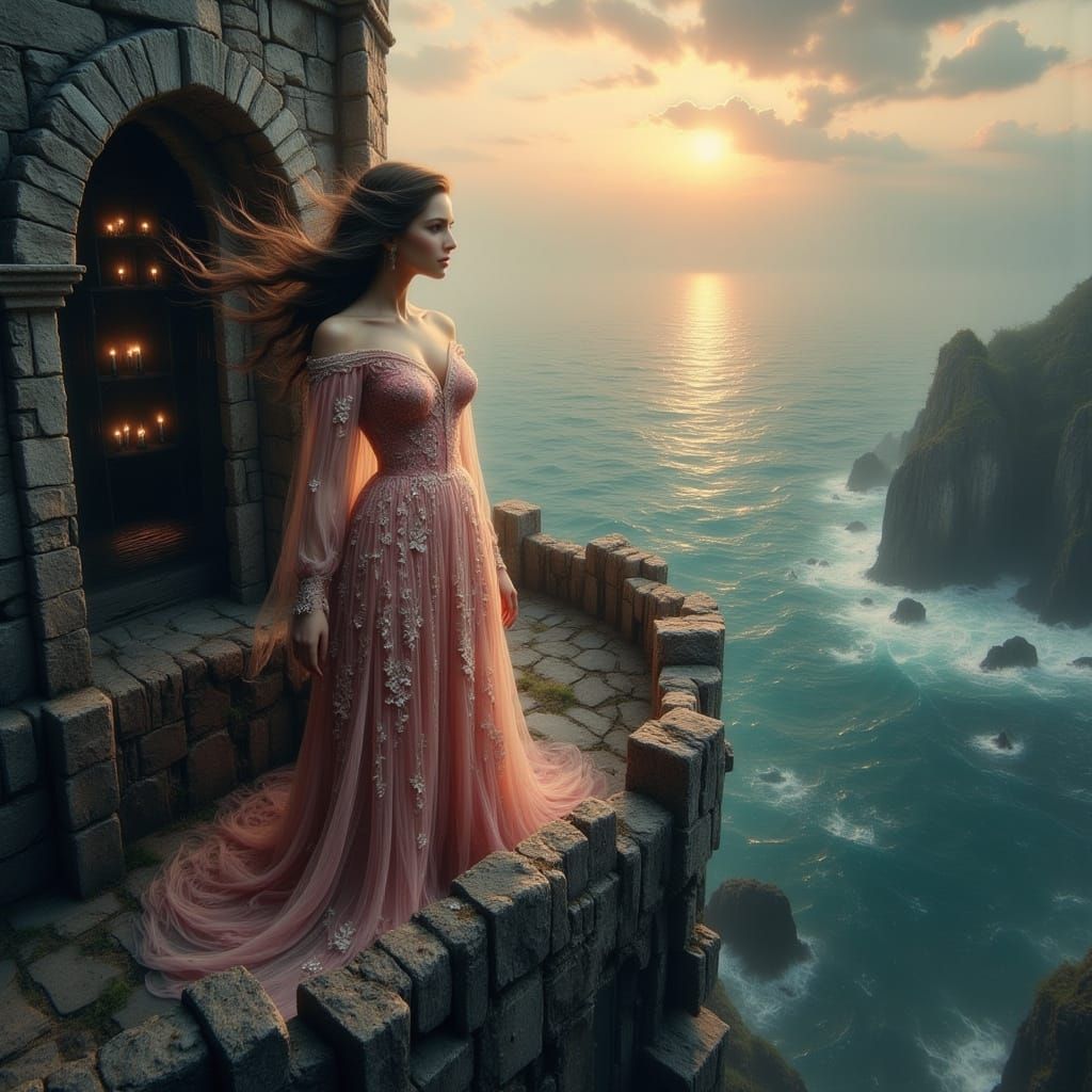 Ethereal Princess on Castle Balcony at Sunset in Renaissance...