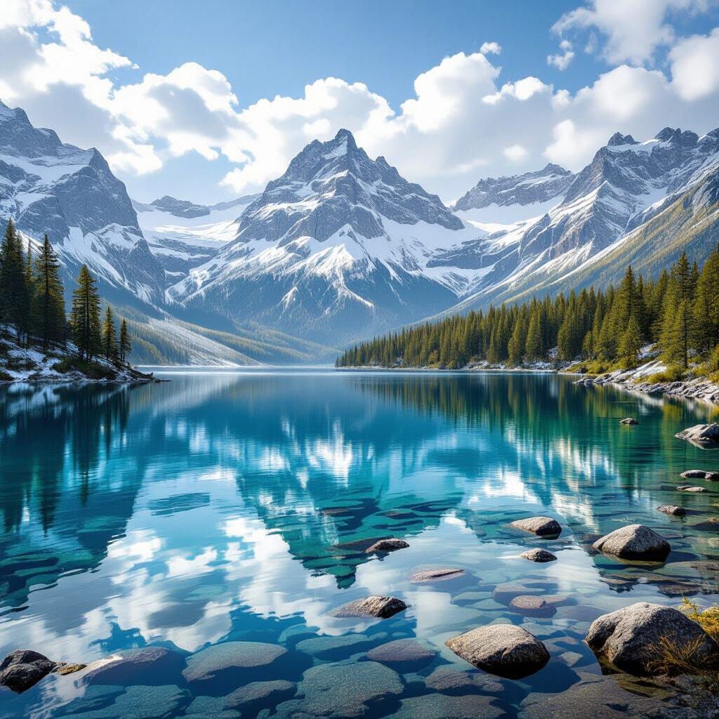 Alpine Lake Reflection of Snow Peaks and Clouds