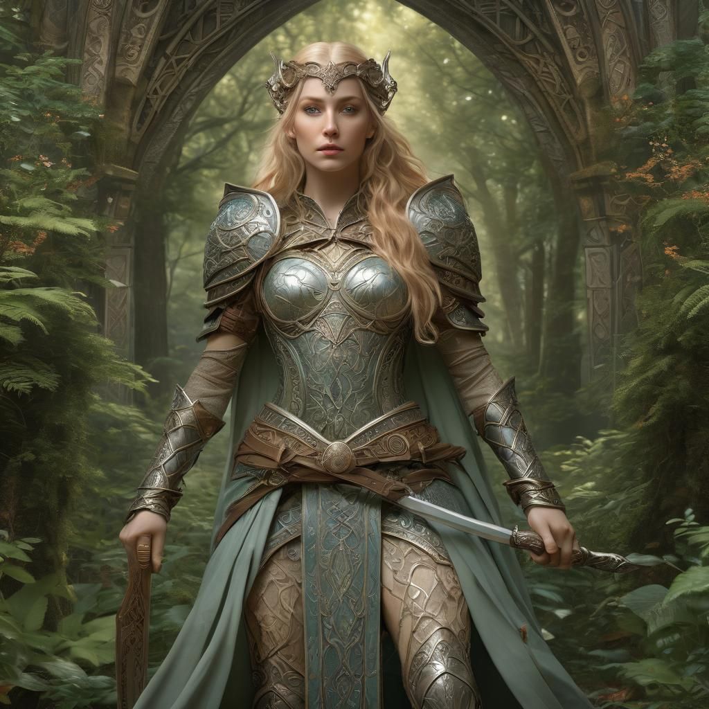 Elven Warrior Queen in Art Nouveau Style