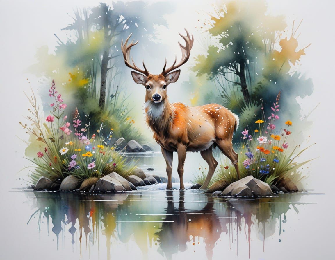 Gentle Deer by Misty Forest Stream in Watercolour