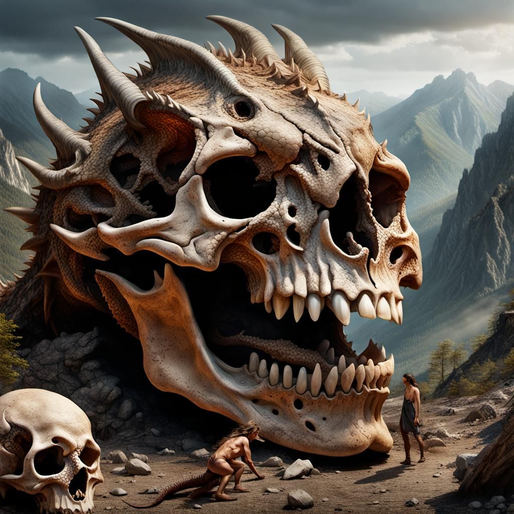 Prehistoric Humans Discover Dragon Skull: Fantasy Art
