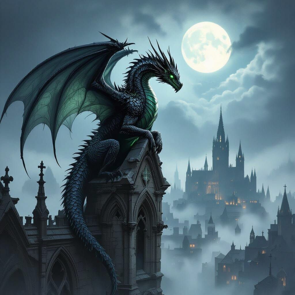 Dragon Perched Atop Gothic Cathedral in Moonlight