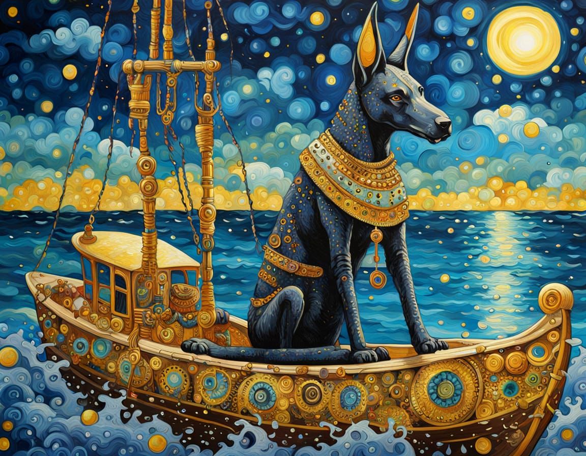 Steampunk Anubis on Moonlit Beach, Klimt-Inspired Art