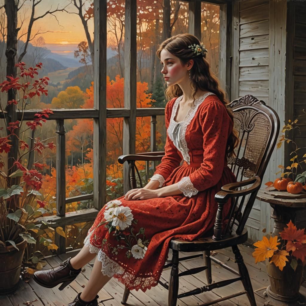 Girl in Red Dress Watching Autumn Sunset