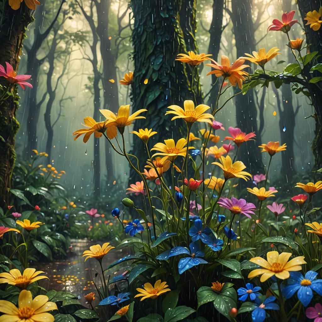 Rain-Kissed Flowers in Mystical Forest: Digital Art